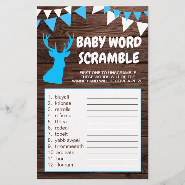 Rustic Buck Blue Boy Baby Dusche WORD SCRAMBLE Flyer (Vorne)