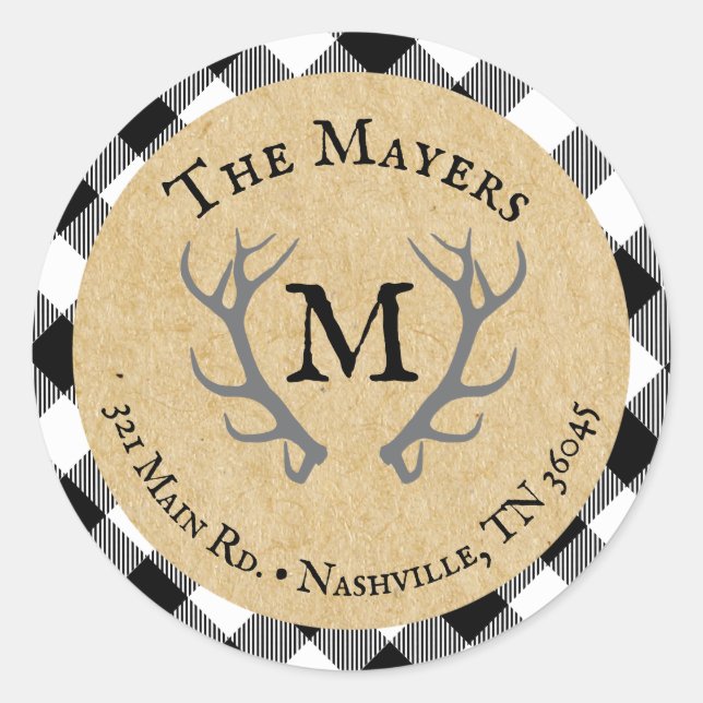 Rustic Buffalo Kariert Antler Monogram-Adresse Runder Aufkleber (Vorderseite)