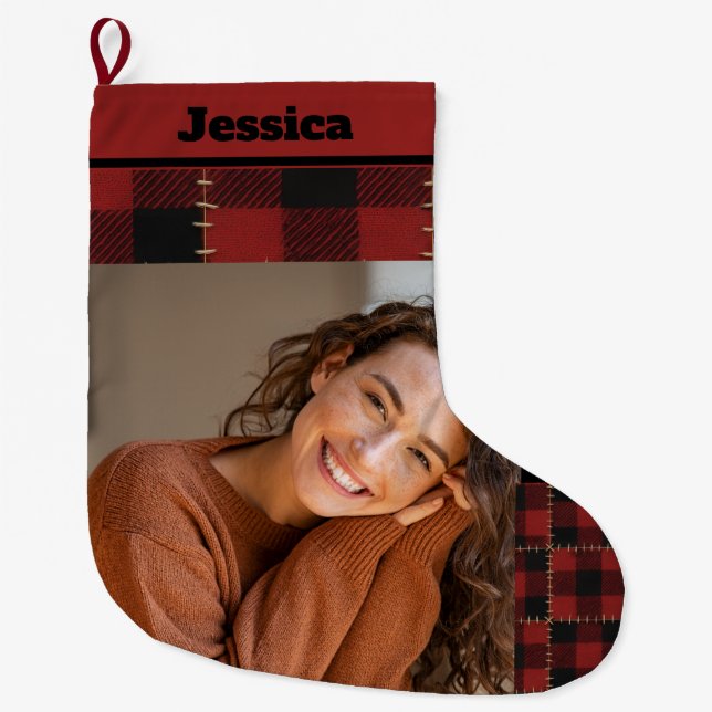 Rustic Buffalo Plaid Custom Name and Photo  Großer Weihnachtsstrumpf (Vorderseite)