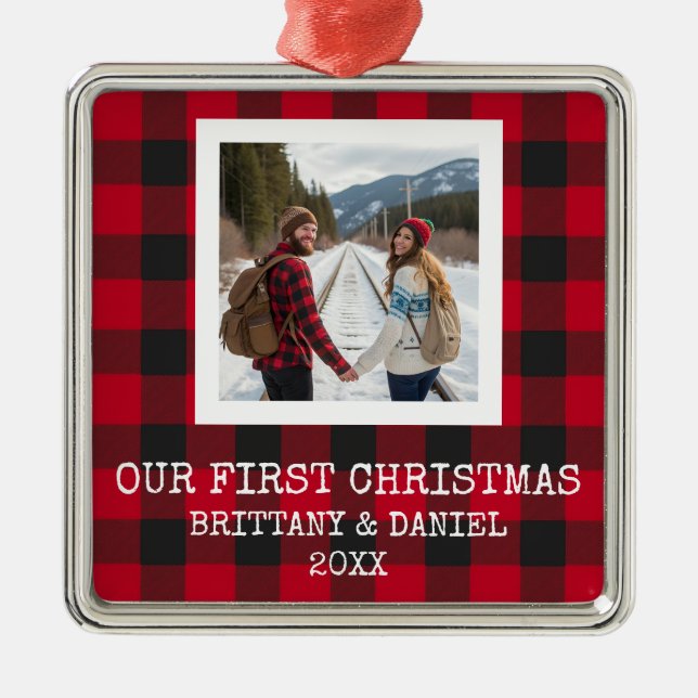 Rustic Buffalo Plaid First Christmas Ornament Aus Metall (Vorne)