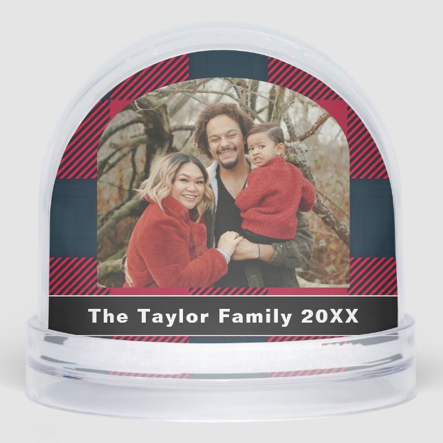 Rustic Buffalo Red & Black Plaid Family Photo Schneekugeln (Vorderseite)