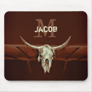 Rustic Bull Skull Brown Country Western Monogram Mousepad