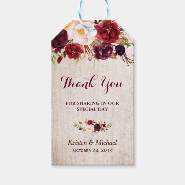 Rustic Burgund Floral Gastgeschenk Hochzeit Vielen Geschenkanhänger (Vorderseite)
