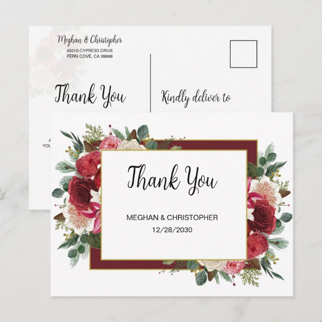 Rustic Burgund Floral Winter Wedding Vielen Dank Postkarte (Vorne/Hinten)
