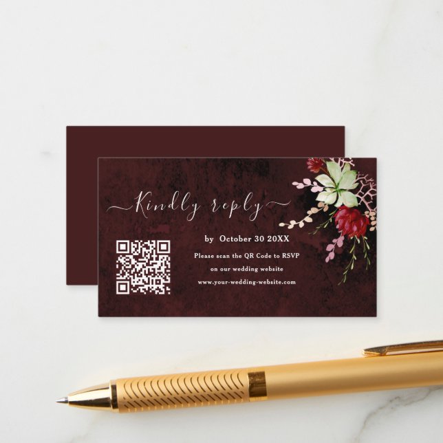 Rustic Burgund QR Code UAWG Wedding Website Begleitkarte (Vorderseite/Rückseite Beispiel)