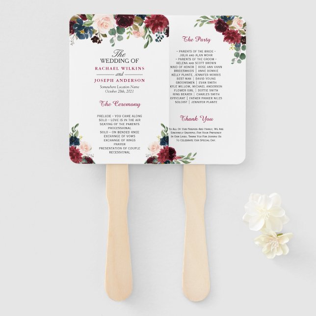 Rustic Burgund Red Blue Floral Wedding Program Fächer (Vorne und Hinten)