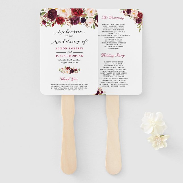 Rustic Burgund Red Floral Classic Wedding Program Fächer (Vorne und Hinten)