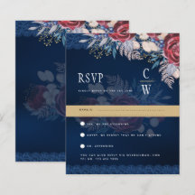 Rustic Burgundy Blue Floral Lace Wedding RSVP