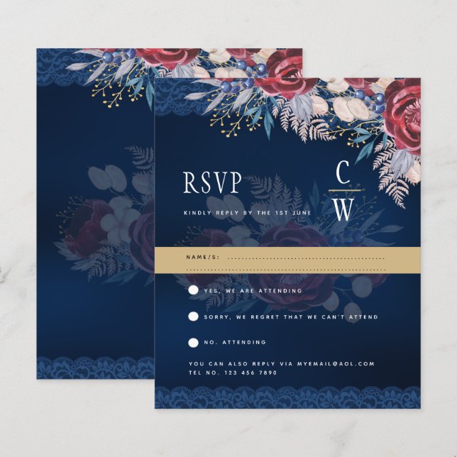 Rustic Burgundy Blue Floral Lace Wedding RSVP (Vorne/Hinten)