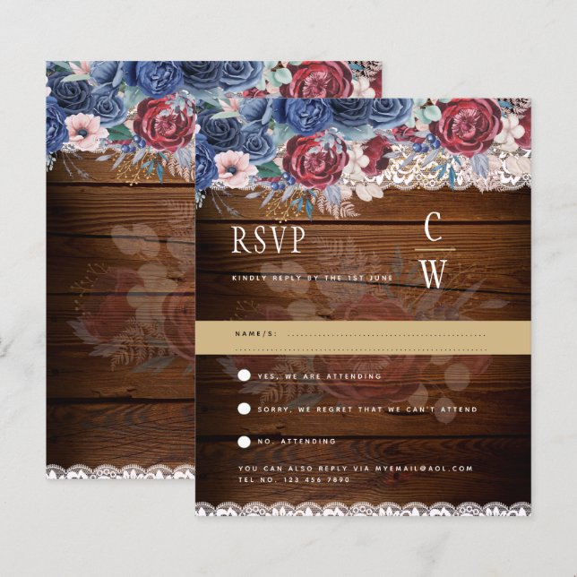 Rustic Burgundy Blue Floral Lace Wedding RSVP (Vorne/Hinten)