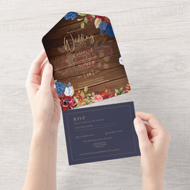 Rustic Burgundy Blue Floral Wedding All In One Einladung (Abreißen)