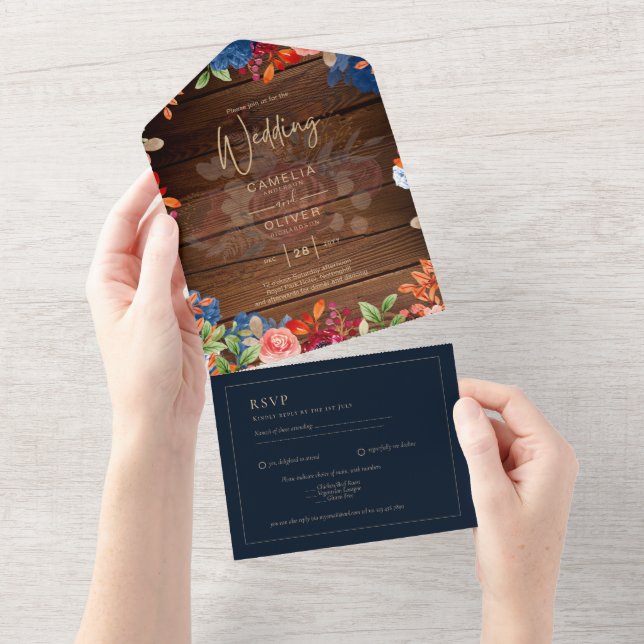 Rustic Burgundy Blue Floral Wedding All In One Einladung (Abreißen)