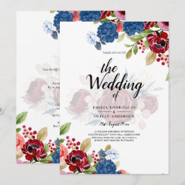 Rustic Burgundy Blue Floral Wedding Einladung