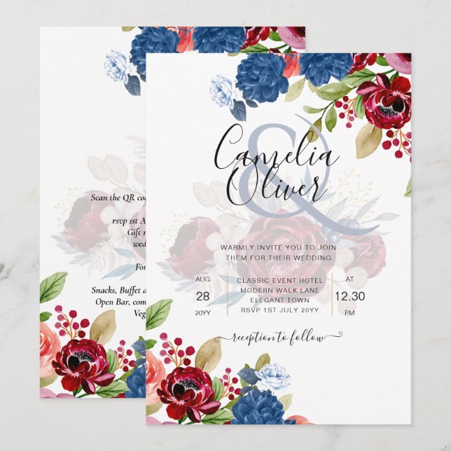 Rustic Burgundy Blue Floral Wedding Einladung (Vorne/Hinten)