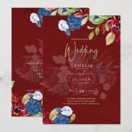 Rustic Burgundy Blue Floral Wedding Einladung