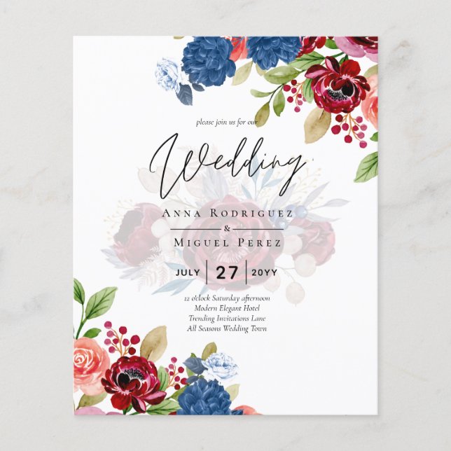 Rustic Burgundy Blue Floral Wedding Flyer (Vorne)