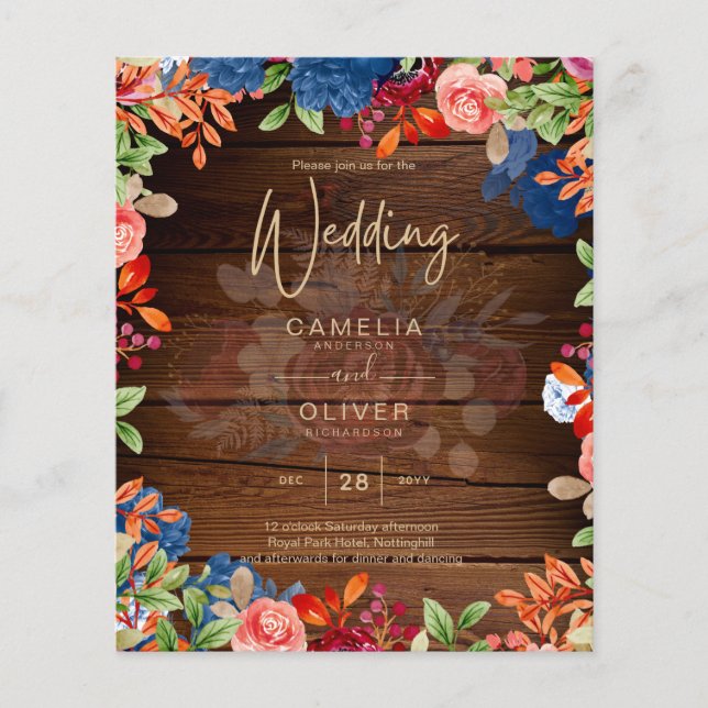 Rustic Burgundy Blue Floral Wedding Flyer (Vorne)