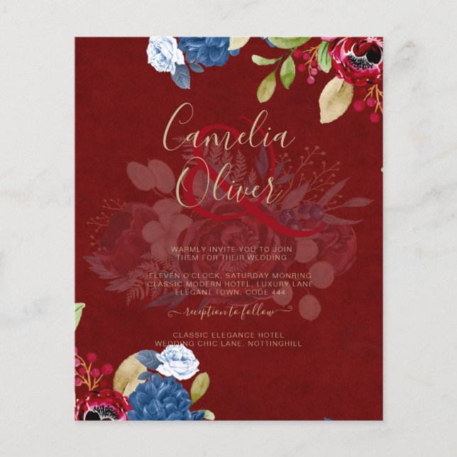 Rustic Burgundy Blue Floral Wedding Flyer (Vorne)