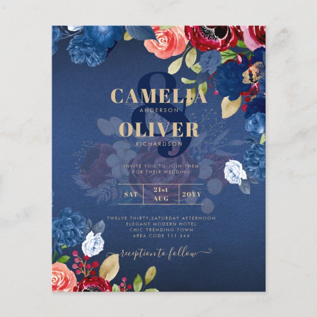 Rustic Burgundy Blue Floral Wedding Flyer (Vorne)