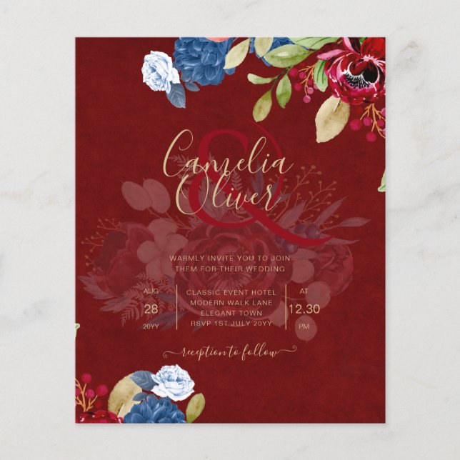 Rustic Burgundy Blue Floral Wedding Flyer (Vorne)