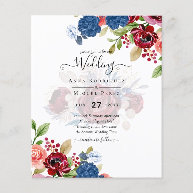 Rustic Burgundy Blue Floral Wedding Flyer (Vorne)