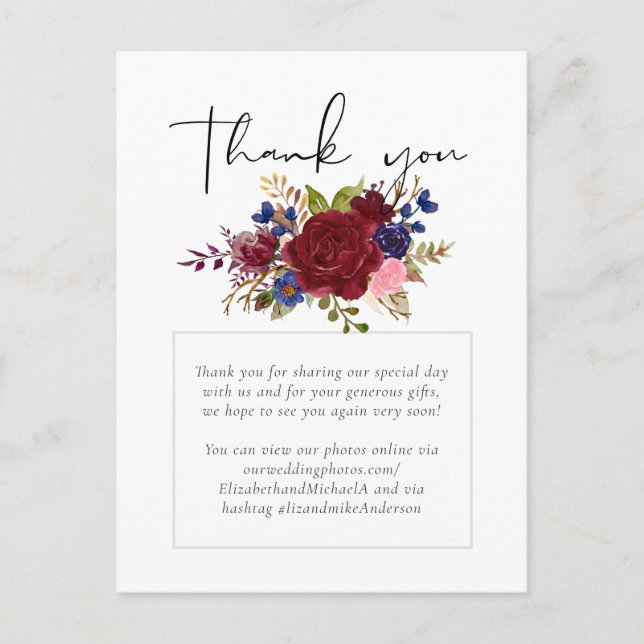 Rustic Burgundy Blue Floral Wedding Postkarte (Vorderseite)
