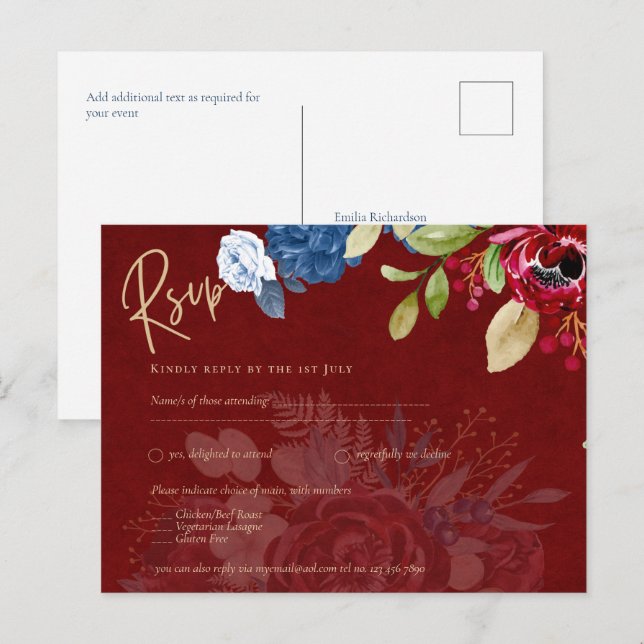 Rustic Burgundy Blue Floral Wedding RSVP Postkarte (Vorne/Hinten)