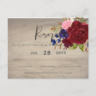 Rustic Burgundy Blue Floral Wedding RSVP Postkarte