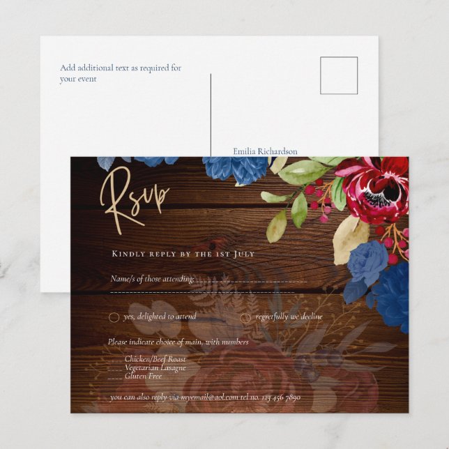 Rustic Burgundy Blue Floral Wedding RSVP Postkarte (Vorne/Hinten)