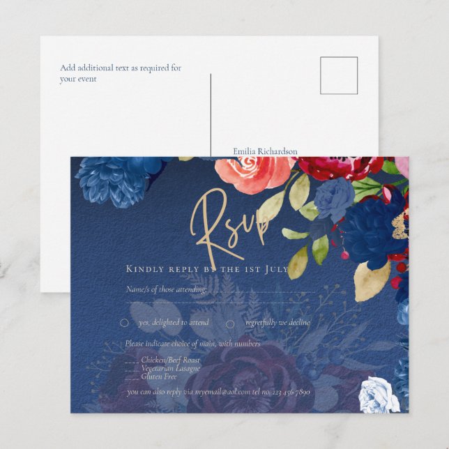 Rustic Burgundy Blue Floral Wedding RSVP Postkarte (Vorne/Hinten)