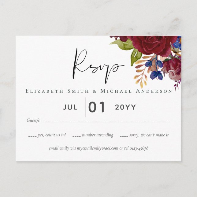 Rustic Burgundy Blue Floral Wedding RSVP Postkarte (Vorderseite)