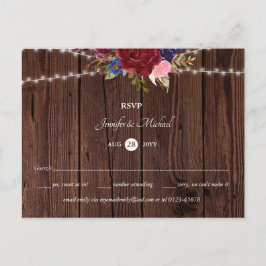 Rustic Burgundy Blue Wedding RSVP Postcard Postkarte