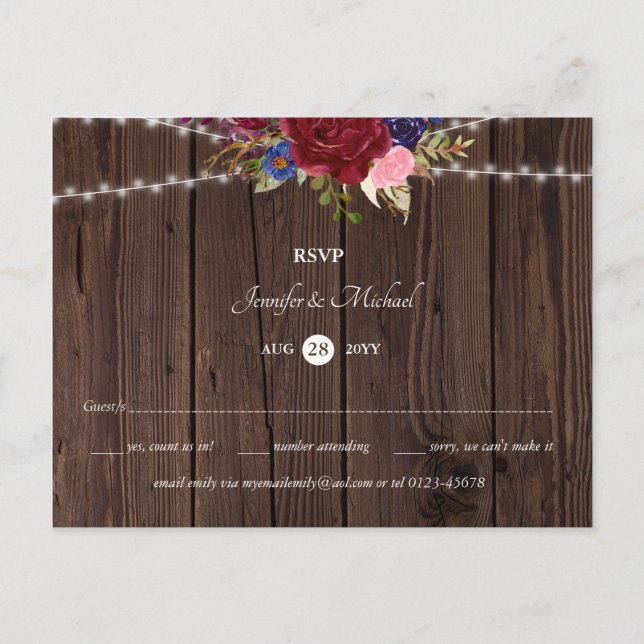 Rustic Burgundy Blue Wedding RSVP Postcard Postkarte (Vorderseite)