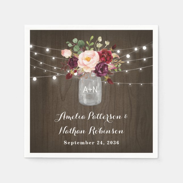 Rustic Burgundy Blush Floral Mason Jar Wedding Serviette (Vorderseite)