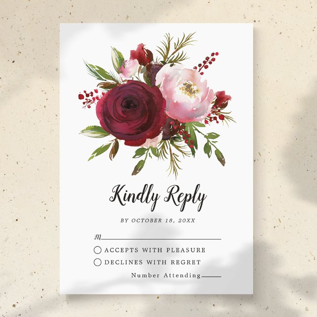 Rustic Burgundy Blush Floral Monogram Wedding RSVP (Von Creator hochgeladen)