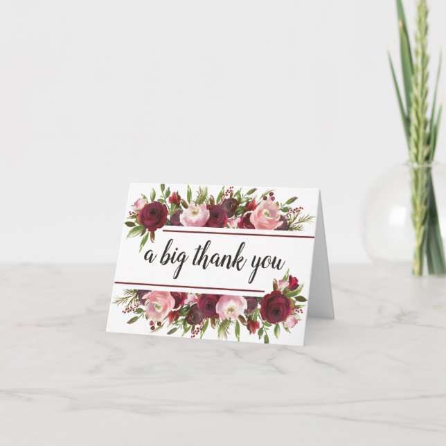 Rustic Burgundy Blush Floral Vielen Dank Dankeskarte (Vorderseite)