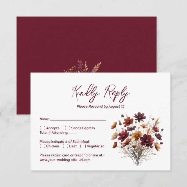 Rustic Burgundy Boho Chic Wildflowers Wedding RSVP Karte (Vorne/Hinten)