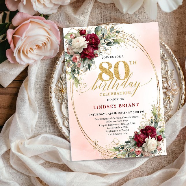Rustic Burgundy Boho Flowers 80th Birthday Invites Einladung (Rustic Burgundy Boho Flowers 80th Birthday Invitation)