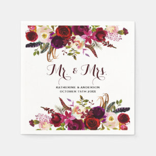 Rustic Burgundy Chic Floral Mr. und Mrs. Wedding Serviette