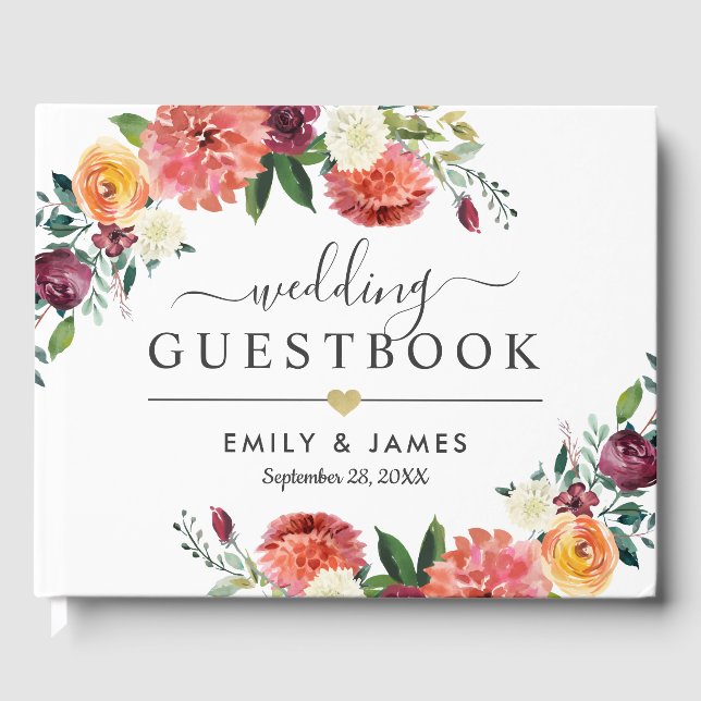 Rustic Burgundy Fall Floral Gold Wedding Monogram Gästebuch (Vorderseite)