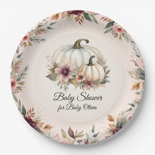 Rustic Burgundy Fall Floral Pumpkin Baby Showroom Pappteller (Vorderseite)