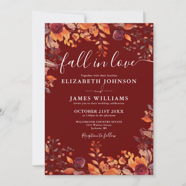 Rustic Burgundy Fall In Love Autumn Floral Wedding Einladung (Vorderseite)