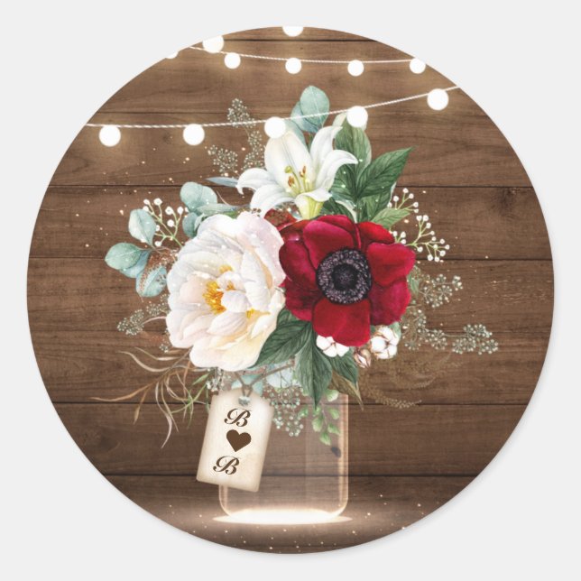 Rustic Burgundy Floral Mason Jar Wedding Envelope Runder Aufkleber (Vorderseite)