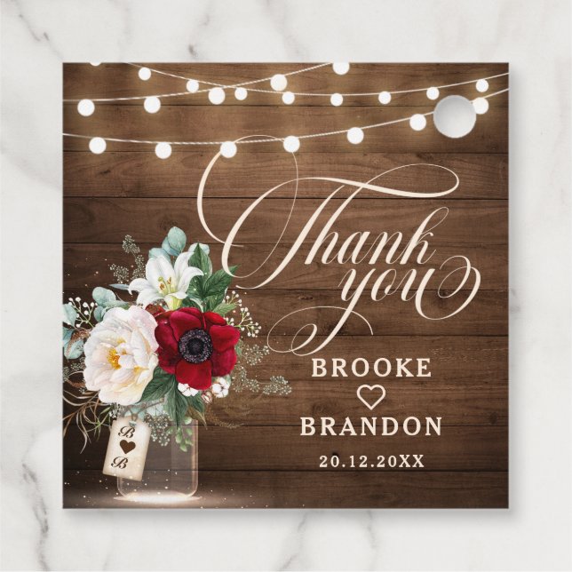 Rustic Burgundy Floral Mason Jar Wedding Geschenkanhänger (Rückseite)