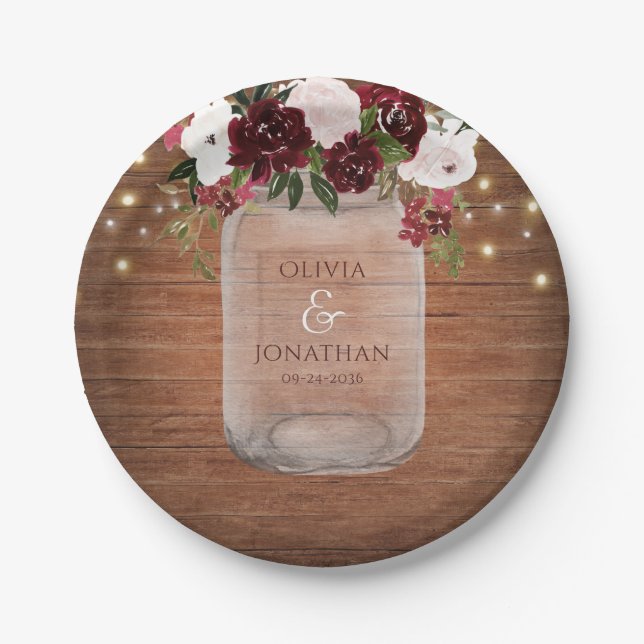 Rustic Burgundy Floral Mason Jar Wedding Pappteller (Vorderseite)