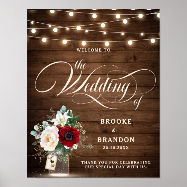 Rustic Burgundy Floral Mason Jar Wedding Willkomme Poster (Vorne)