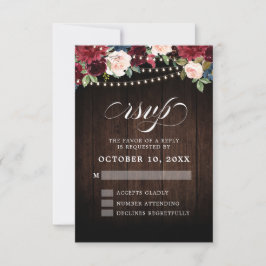 Rustic Burgundy Floral String Light Wedding RSVP