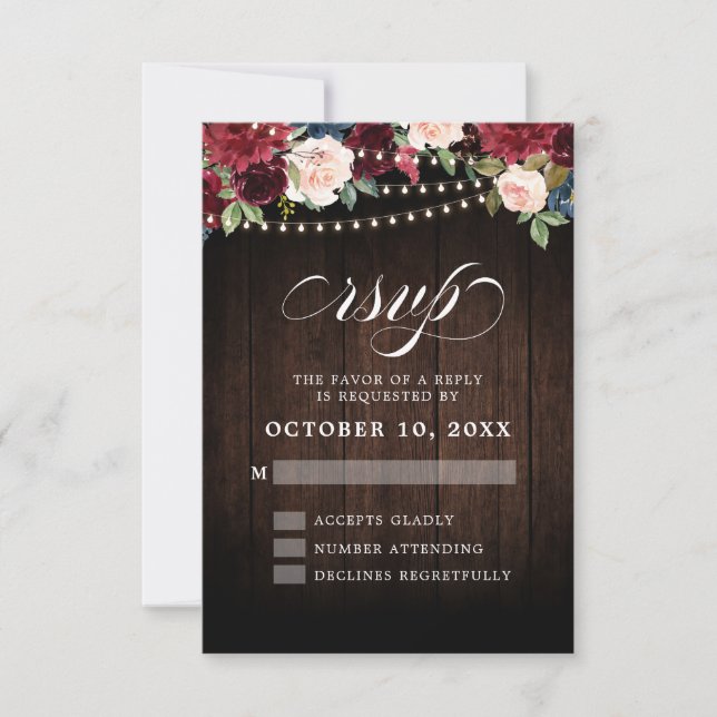 Rustic Burgundy Floral String Light Wedding RSVP Karte (Vorderseite)