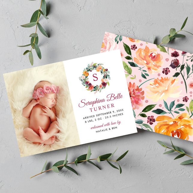 Rustic Burgundy Floral Wreath Monogram Foto Birge Ankündigung (Von Creator hochgeladen)