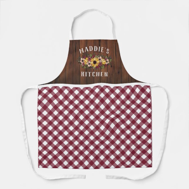 Rustic Burgundy Gingham Floral Bouquet Name hinzuf Schürze (Vorderseite)